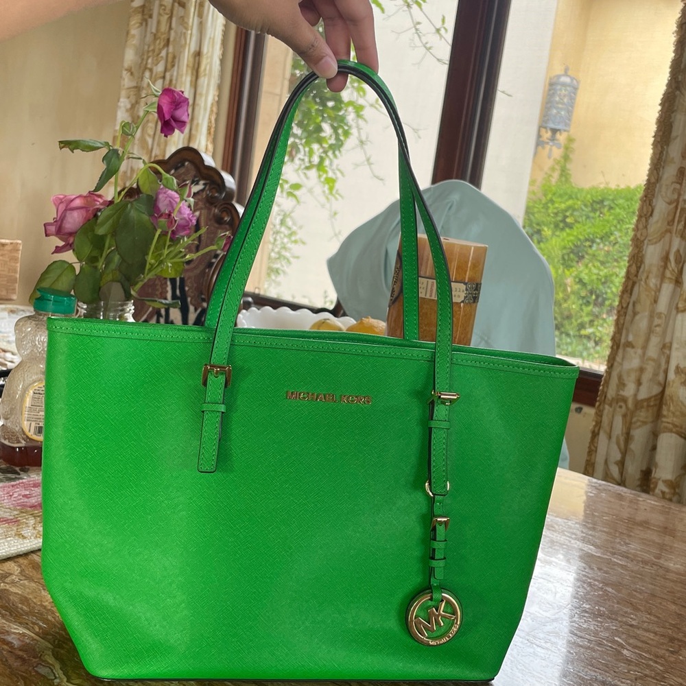 Michael Kors Neon Green JetSet travel Saffiano Leather Tote Handbag
